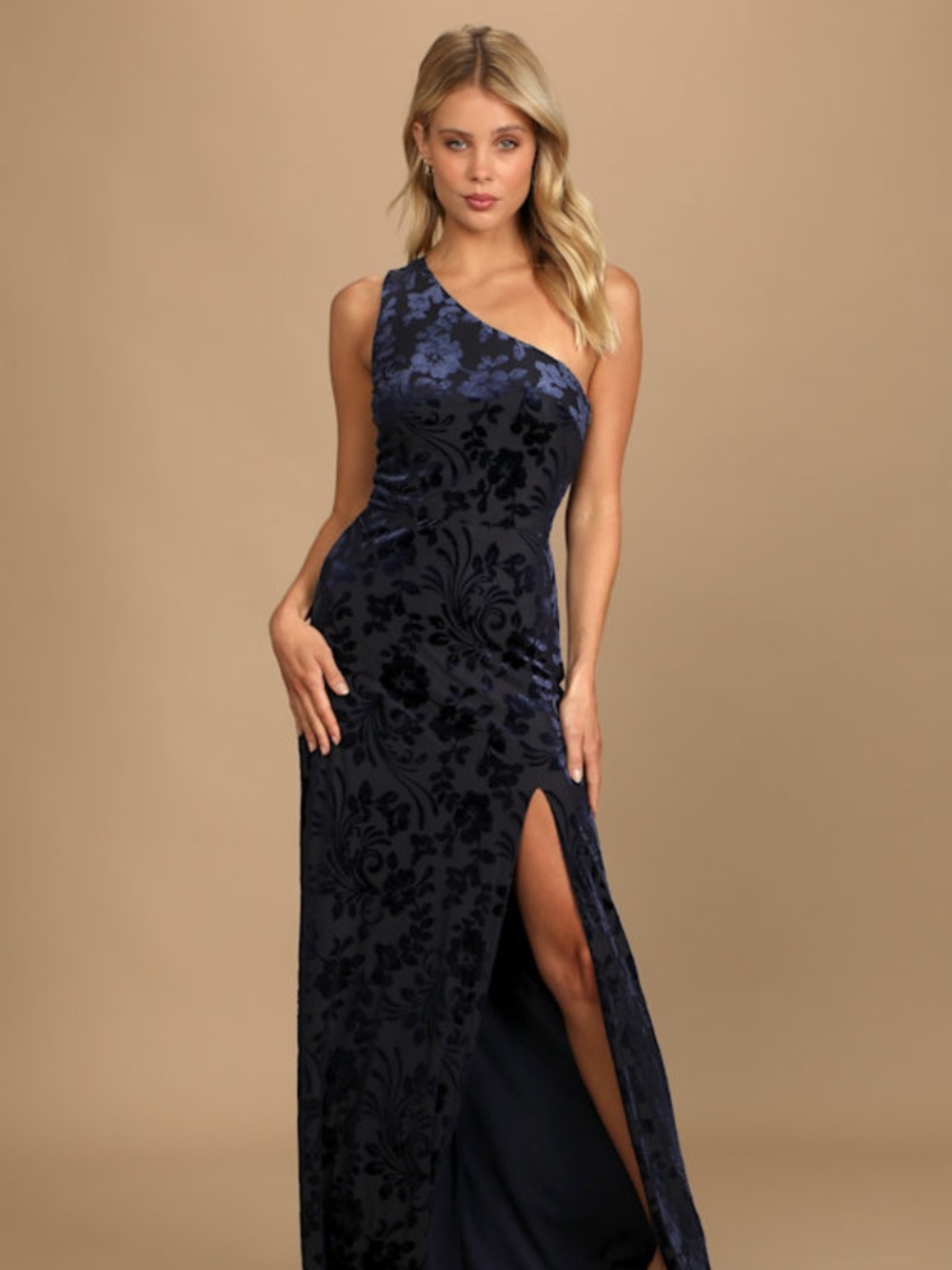 Lulus Marvelous Moi Navy Blue Burnout Velvet LP One-shoulder Maxi Dress - Size L